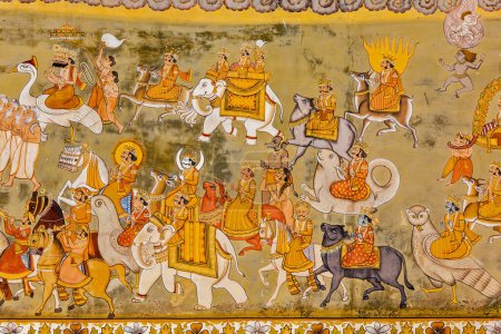 Téléchargez les photos : JODHPUR, INDE - 26 NOVEMBRE 2012 : Murales médiévales dans le fort de Mehrangarh à Jodhpur, Rajasthan, Inde - en image libre de droit