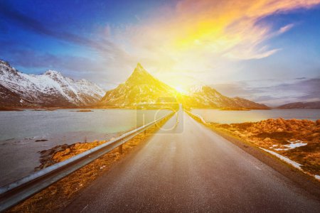 Photo for Road in Norwegian fjord on sunset. Lofoten islands, Norway - Royalty Free Image