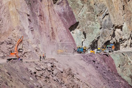 Photo for LADAKH, INDIA - SEPTEMBER 10, 2011: Road construction in Himalayas in Ladakh, Jammu and Kashmir, India - Royalty Free Image