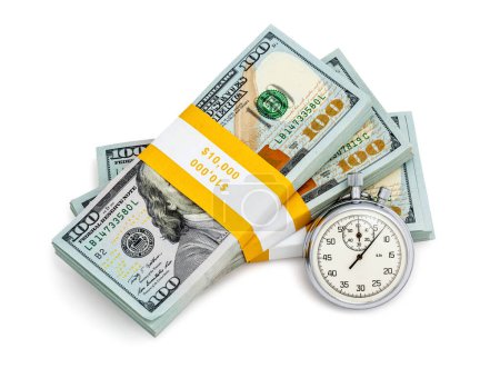 Photo for Time is money loan concept background - stopwatch and stack of new 100 US dollars 2013 edition banknotes bills bundles isolated on white - Royalty Free Image
