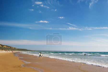 Photo for Sandy Atlantic ocean beach at Fonte da Telha beach, Costa da Caparica, Portugal - Royalty Free Image