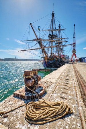 Photo for Lisbon, Portugal - September 6, 2022: Prow view of Gotheborg of Sweden sailing replica of Swedish East Indiaman Gotheborg I 1738 moored in port of Lisbon, Portugal, one of largest wooden sailing ships - Royalty Free Image
