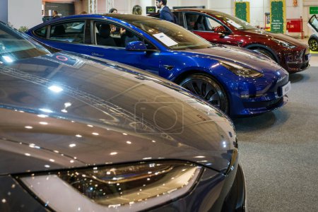 Photo for Lisbon, Portugal - May 12, 2023: Tesla Model X Plaid and Model 3 electric cars on display at ECAR SHOW - Hybrid and Electric Motor Show - Royalty Free Image