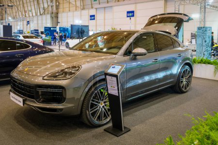 Photo for Lisbon, Portugal - May 12, 2023: Porsche Cayenne Turbo S-E Hybrid Coupe car on display at ECAR SHOW - Hybrid and Electric Motor Show - Royalty Free Image