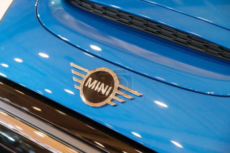 Photo for Lisbon, Portugal - May 12, 2023: MINI electric car logo emblem close up - Royalty Free Image