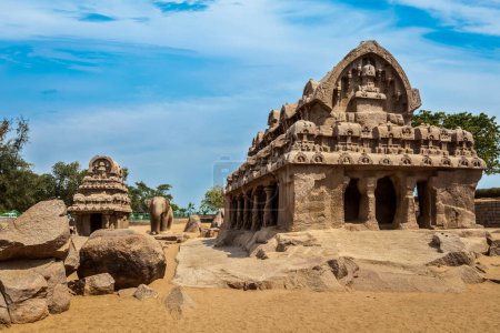 Photo for Five Rathas - ancient Hindu monolithic Indian rock-cut architecture. Mahabalipuram, Tamil Nadu, South India - Royalty Free Image
