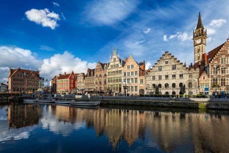 Photo for Europe Belgium medieval town travel background - Ghent canal and Graslei street on sunset. Ghent, Belgium - Royalty Free Image