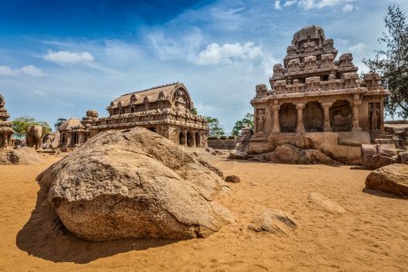 Photo for Five Rathas - ancient Hindu monolithic Indian rock-cut architecture. Mahabalipuram, Tamil Nadu, South India - Royalty Free Image