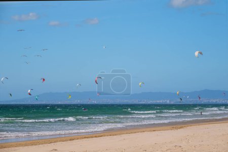 Photo for Kiteboarding kitesurfing kiteboarder kitesurfer kites on the Atlantic ocean beach at Fonte da Telha beach, Costa da Caparica, Portugal - Royalty Free Image