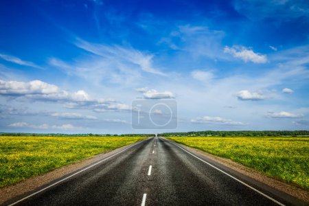 Photo for Travel concept background - an empty road with a blue sky and blooming green spring fields on either side - Royalty Free Image