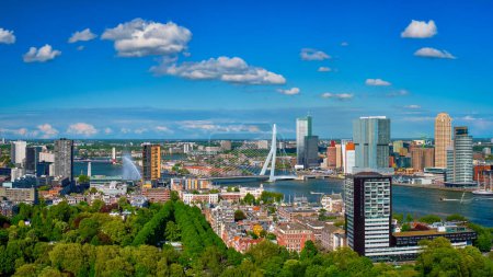 Foto de Panorama de la ciudad de Rotterdam y el puente Erasmus Erasmusbrug sobre el río Nieuwe Maas de Euromast - Imagen libre de derechos