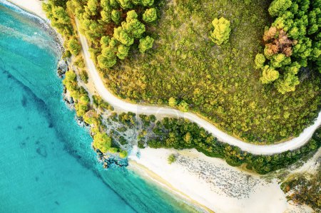 Photo for Halkidiki, Sitonia from Above, Greece. Summer travel vacation background. Landscape with the sea, road and forest. Flat lay - Royalty Free Image