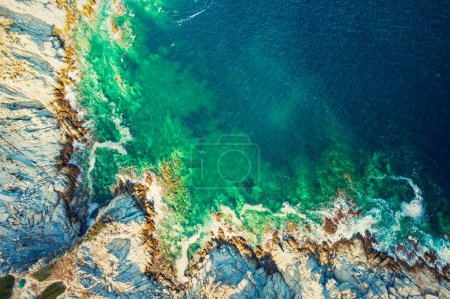 Photo for Halkidiki, Sitonia from Above, Greece. Summer travel vacation background. Frame with copyspace. Abstract landscape with rocks - Royalty Free Image