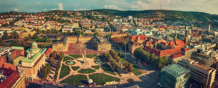 Aerial panoramic view of the famous Schlossplatz in Downtown Stuttgart, Germany, travel background