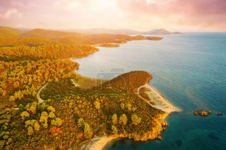 Photo for Halkidiki, Sitonia from Above, Greece. Summer travel vacation background. Sunset with beautiful sky - Royalty Free Image