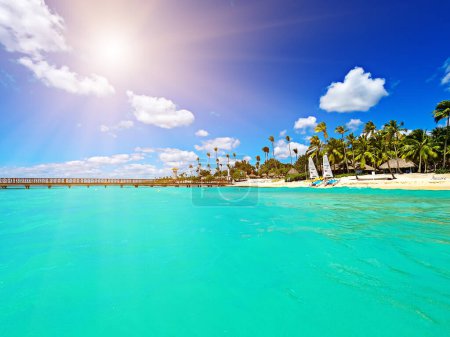 Téléchargez les photos : Belle plage des Caraïbes en République dominicaine. Paysage tropical idyllique d'été avec mer et ciel bleu avec nuages. Fond de voyage avec copyspace - en image libre de droit