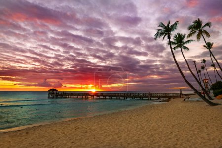 Téléchargez les photos : Belle plage des Caraïbes en République dominicaine. Coucher de soleil sur paysage tropical idyllique d'été avec de l'eau de mer bleue, ciel coloré et jetée en bois - en image libre de droit