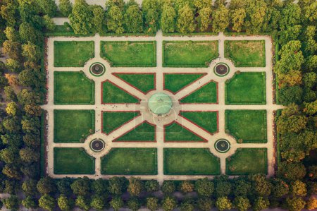A beautiful symmetric Hofgarten park in Munich, Germany with Diana temple in the center. Flat view from above. Renaissanse architecture