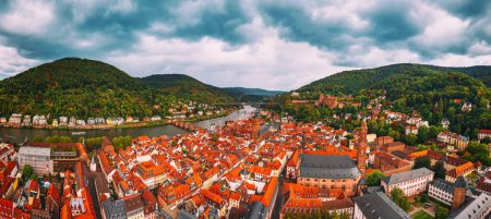 Aerial panoramic view of landmark and beautiful Heidelberg city with Neckar river, Germany. Travel destination concept