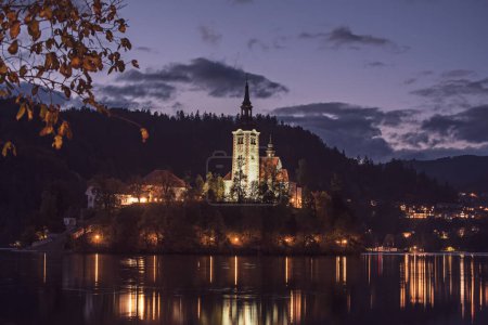 Night view of church of Assumption in Lake Bled, Slovenia