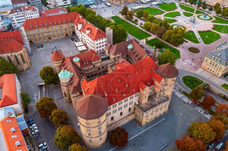 Old castle in Stuttgart, the capital of Baden-Wurttemberg, Germany. View from above with the town buildings