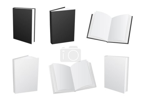 Geschlossene und offene Bücher aus weißem und schwarzem Papier isoliert auf weißem Hintergrund. Leere Buchdeckel-Vorlagen. Bildungsliteratur liest Sammlung. Autor Schriftsteller Produktshow