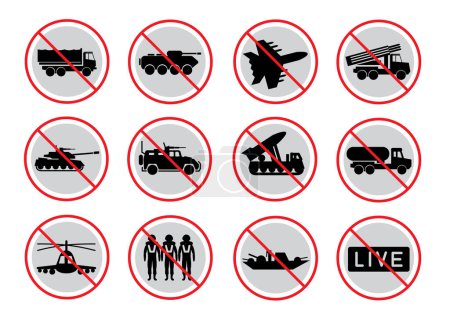Illustration for Army transport prohibited sign symbol set isolated on white background. Collection of different Russian Ukrainian army vehicles. Military strike force ban vector illustration - Royalty Free Image