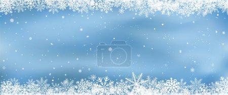 Ilustración de Navidad nevada azul telón de fondo. Decoración de invierno nubes de cielo con fondo de nieve cayendo. Diciembre naturaleza estacional paisaje - Imagen libre de derechos