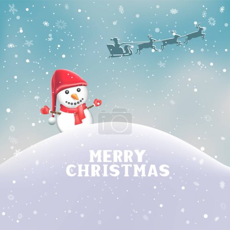 Illustration for Christmas snowman winter hill and Santa fly. Holiday card decoration landscape - Royalty Free Image