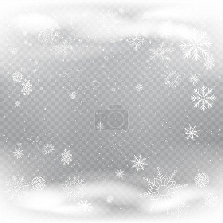 Ilustración de Invierno nevadas de Navidad en el cielo gris y las nubes de fondo. Frosty invernal copos de nieve hielo forma patrón textura. Fiesta naturaleza celebración decoración telón de fondo - Imagen libre de derechos