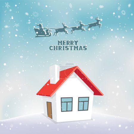 Téléchargez les illustrations : Chute de neige de Noël et Père Noël volant au-dessus de la maison sur la colline enneigée de l'hiver. Décoration saisonnière vacances - en licence libre de droit