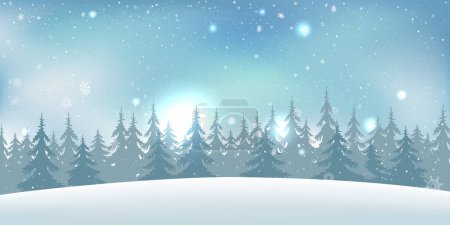 Illustration for Winter Christmas forest snowfalls on blue sky and clouds background. Frosty wintry snowflakes ice shape pattern texture. Holiday nature celebration decoration woodland backdrop - Royalty Free Image