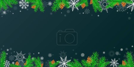 Illustration for Winter Christmas snow and spruce decoration on dark blue backdrop. New Year holiday greeting empty copy space background template - Royalty Free Image