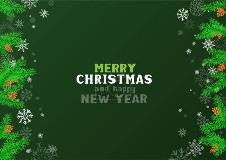Illustration for Winter Christmas decoration with text message on center on dark green backdrop. New Year holiday greeting copy space background template - Royalty Free Image