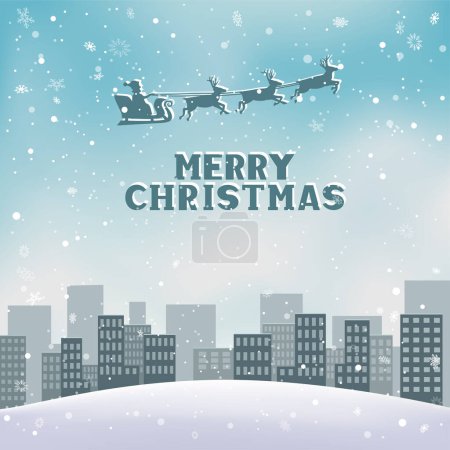 Ilustración de Las nevadas de Navidad y Santa Claus volando sobre las casas de la ciudad sobre la colina nevada del invierno. Decoración de temporada - Imagen libre de derechos