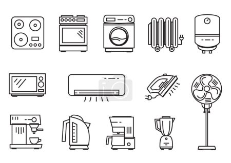 Ilustración de Conjunto de iconos de electrodomésticos que consumen energía aislados sobre fondo blanco. Plancha cocina de gas eléctrica, lavadora de café, caldera de radiador horno de microondas hervidor de agua, acondicionador contorno signo - Imagen libre de derechos