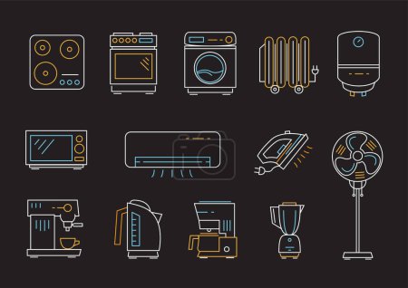 Illustration for Energy consuming household appliances icon dark set isolated on black background. Iron electric gas stove, washing coffee machine, radiator boiler microwave oven kettle, conditioner outline symbols - Royalty Free Image