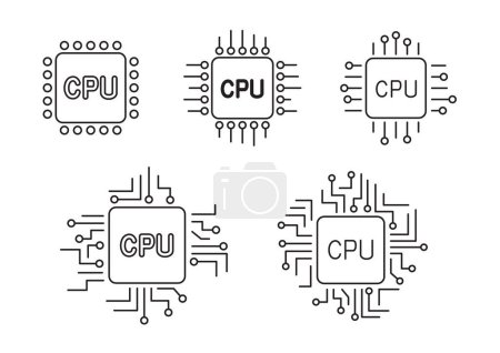 Illustration for Cpu computer outline chip sign icon set isolated on white background. Microprocessor hardware chips symbols - Royalty Free Image