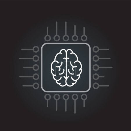 Illustration for Cpu computer outline chip with brain sign icon on dark black background with gradient shadow. Microprocessor smart mind hardware chips symbol - Royalty Free Image