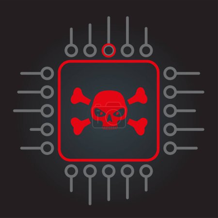 Illustration for Hacked cpu computer outline chip with skull sign icon on dark black background with gradient shadow. Microprocessor hack smart mind hardware chips symbol - Royalty Free Image