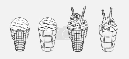 Téléchargez les illustrations : Drawing ice cream outline icons set isolated on white gray backgrounds. Hand drawn summer ice cold delicious food sign symbol sketch pictogram - en licence libre de droit