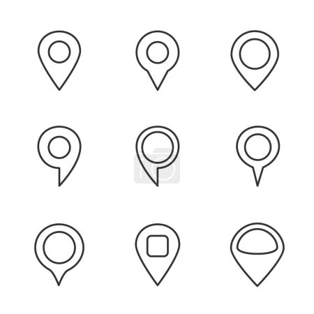 Téléchargez les illustrations : Outline map pin set isolated on white background. Geotag navigate tourism location flag sign symbol - en licence libre de droit