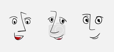 Illustration for Three faces drawn sketches set with smile isolated on gray background. Hand drawing emojis face collection - Royalty Free Image
