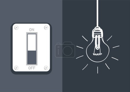Téléchargez les illustrations : Switch lamp light on dark background. Hanging on and off idea solution with light bulb - en licence libre de droit