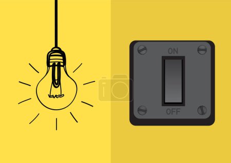 Téléchargez les illustrations : Switch lamp light on yellow background. Hanging on and off idea solution with light bulb - en licence libre de droit