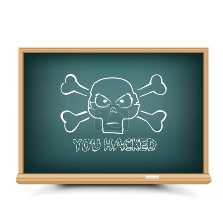 Ilustración de Blackboard chalk draw you hacked text and skull with shadow on white background. Chalkboard drawing cybercrime in education school - Imagen libre de derechos