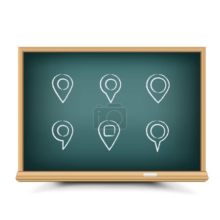 Illustration for Blackboard chalk draw map pins set with shadow on white background. Chalkboard drawing location sign symbol - Royalty Free Image