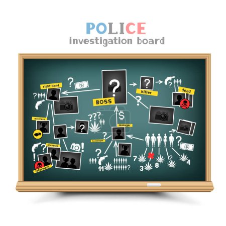Ilustración de La policía investiga objetos en pizarra con sombra sobre fondo blanco. Educación estudiante lección estudio crimen - Imagen libre de derechos