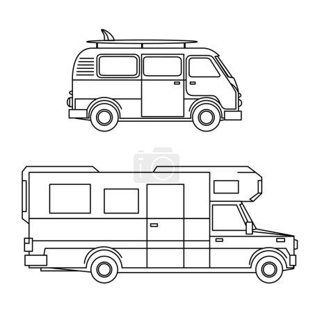 Illustration for Outline black camper automobile car silhouette set isolated on white background. Camp travel trip journey tourism auto transportation collection - Royalty Free Image