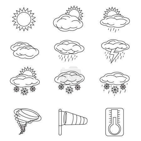 Ilustración de Conjunto de iconos meteorológicos esbozados aislados sobre fondo blanco. Colección de varios iconos relacionados con el clima y la meteorología con el estilo de silueta contorno - Imagen libre de derechos